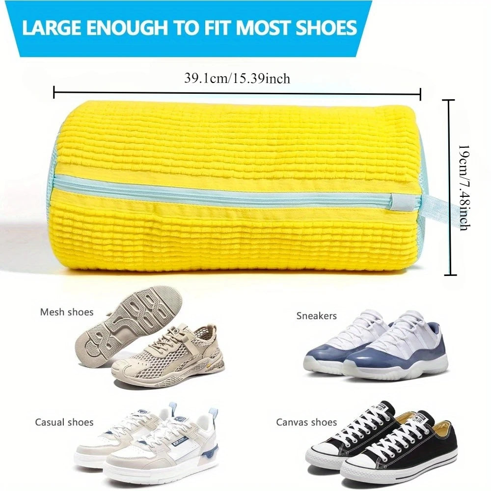 Yellow sneaker wash bag dimension reference graphic