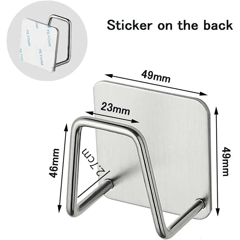 Large silver sink sponge holder dimension and adhesive-back reference graphic