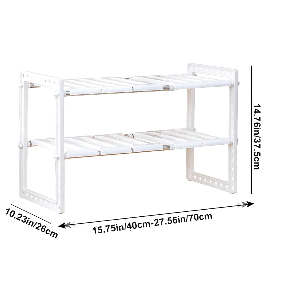 Expandable two-tier organizer adjustable-dimension reference graphic