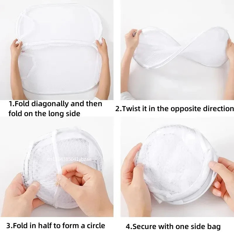 White foldable storage basket four-step folding instruction graphic