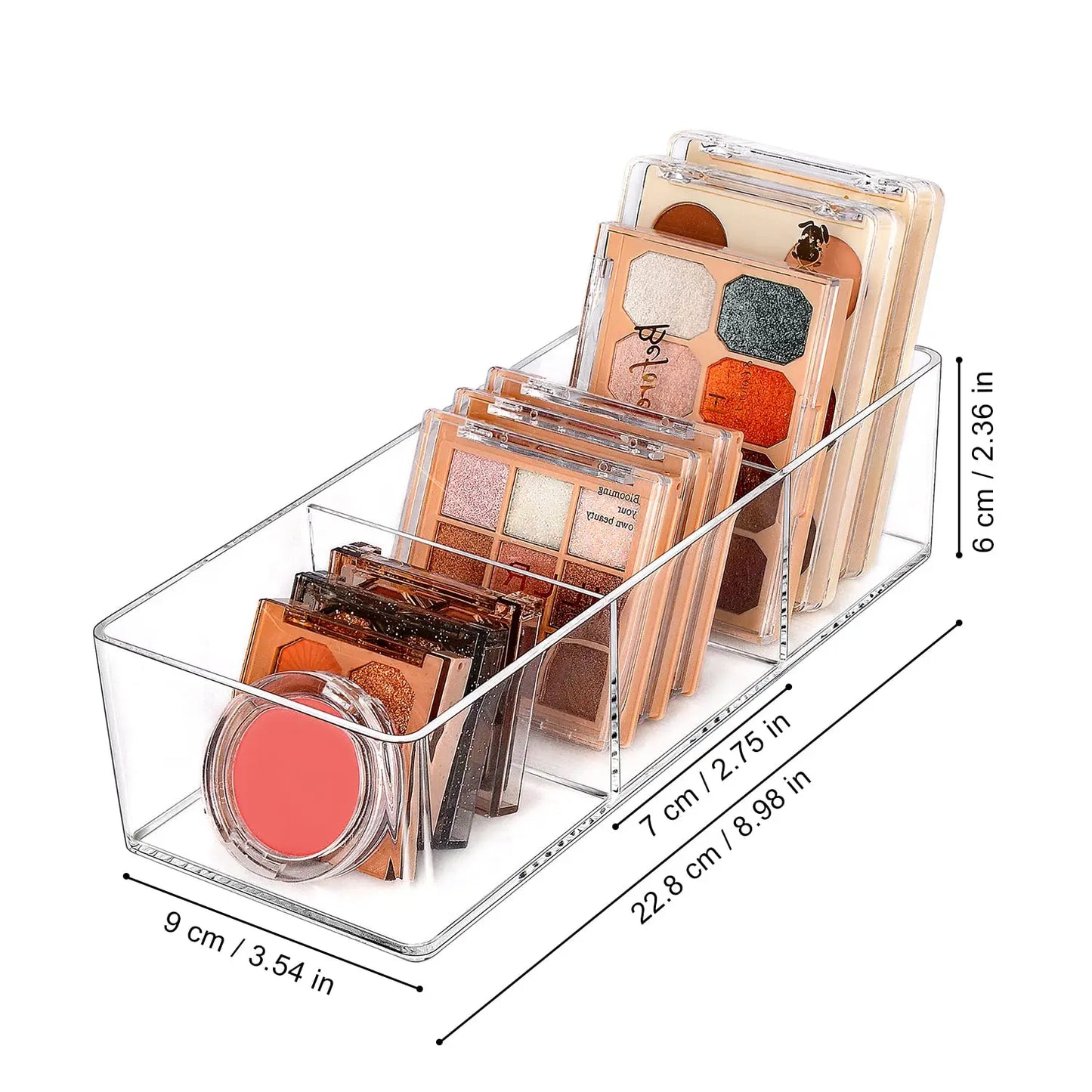 Clear three-compartment drawer organizer dimension reference graphic