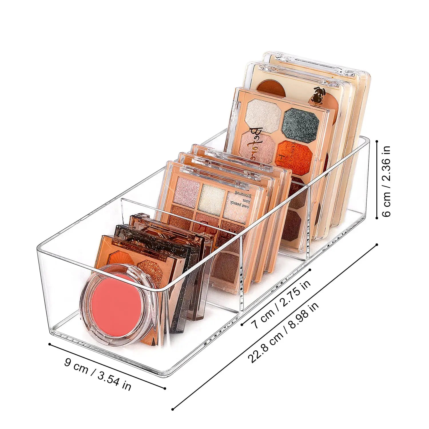 Clear three-compartment drawer organizer dimension reference graphic