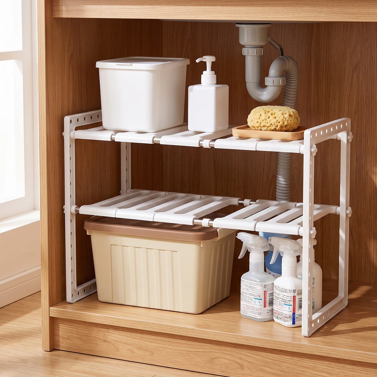 White expandable two-tier organizer holding bins and cleaning supplies beneath a sink