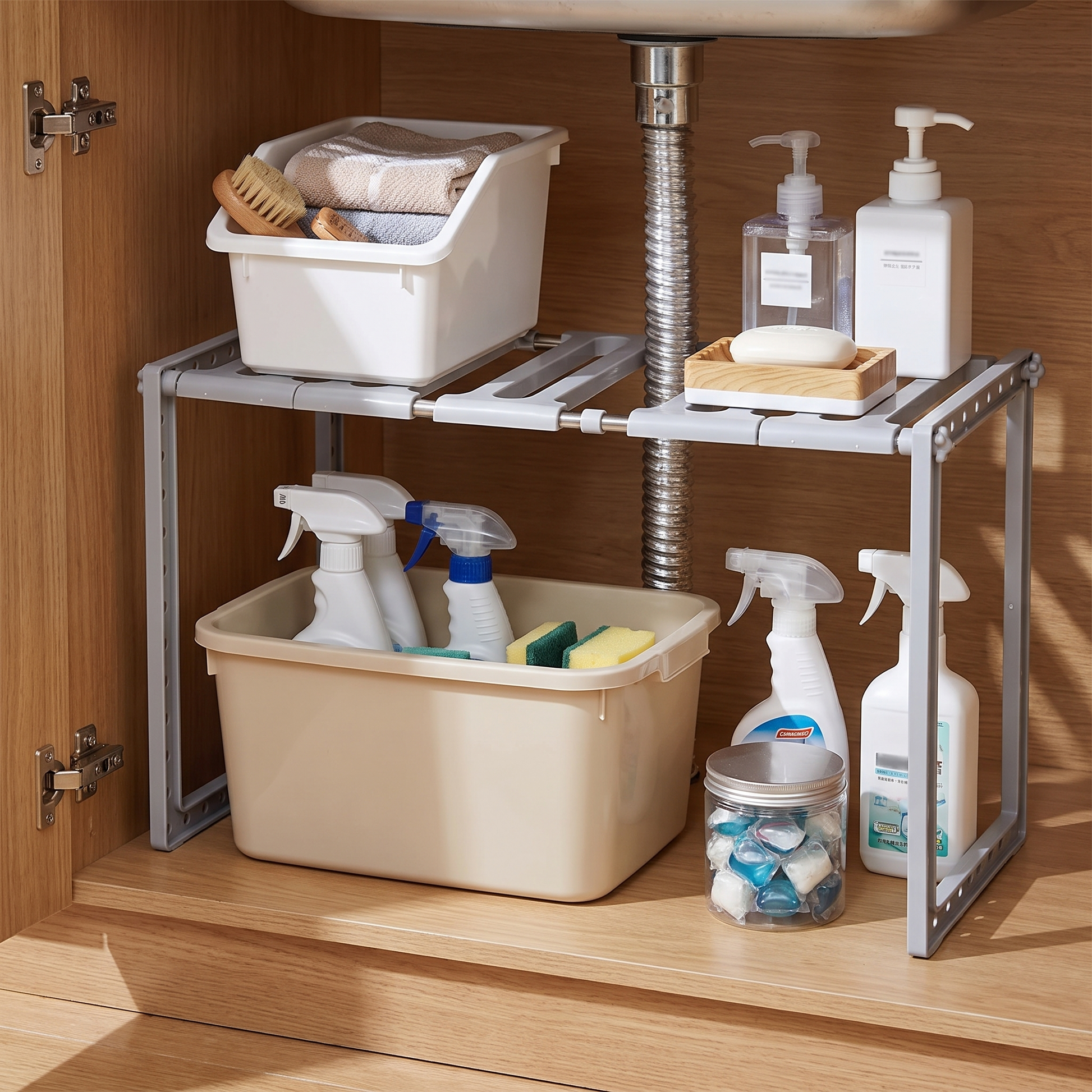 Expandable two-tier organizer holding cleaning supplies beneath a sink