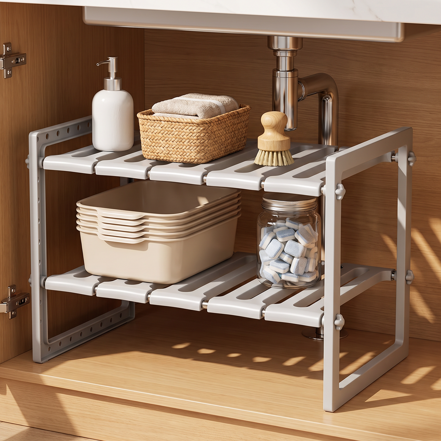Light gray expandable two-tier organizer