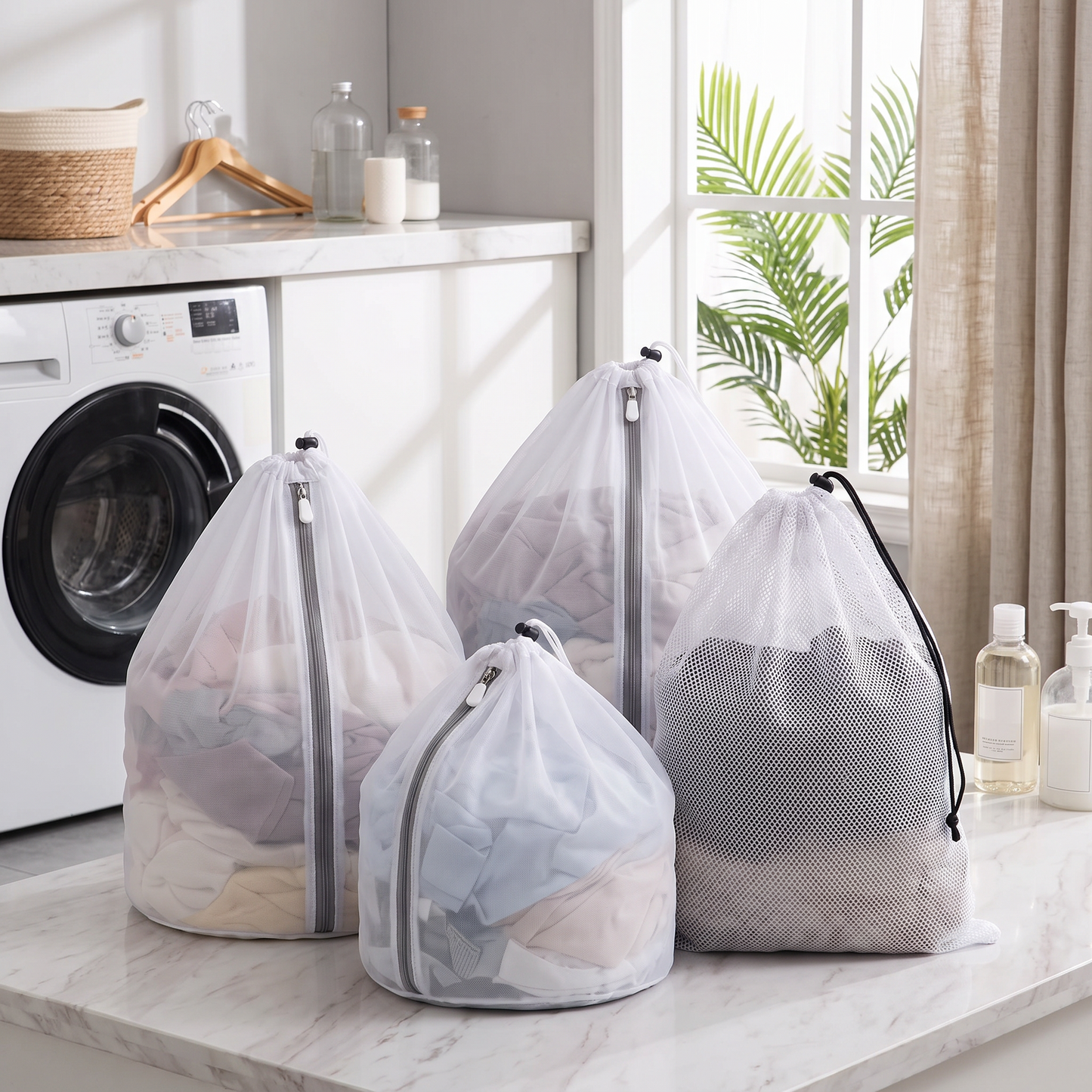 Fine and coarse drawstring mesh laundry bags beside a washing machine