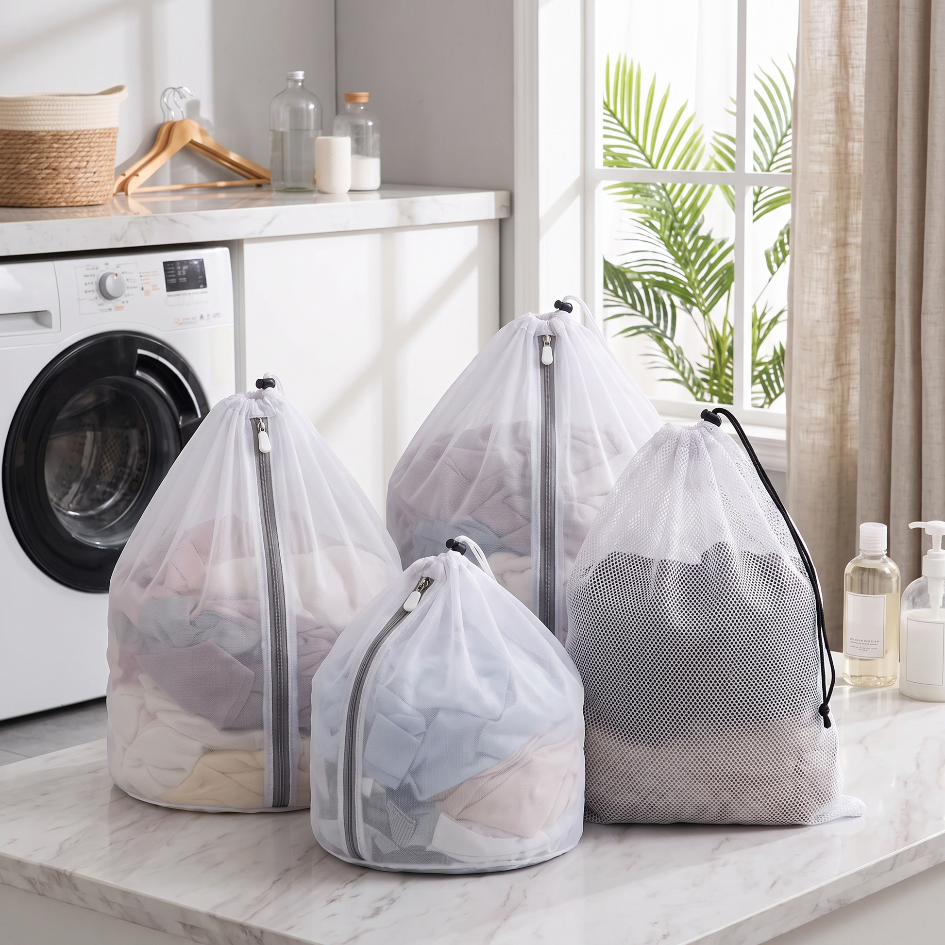Fine and coarse drawstring mesh laundry bags beside a washing machine