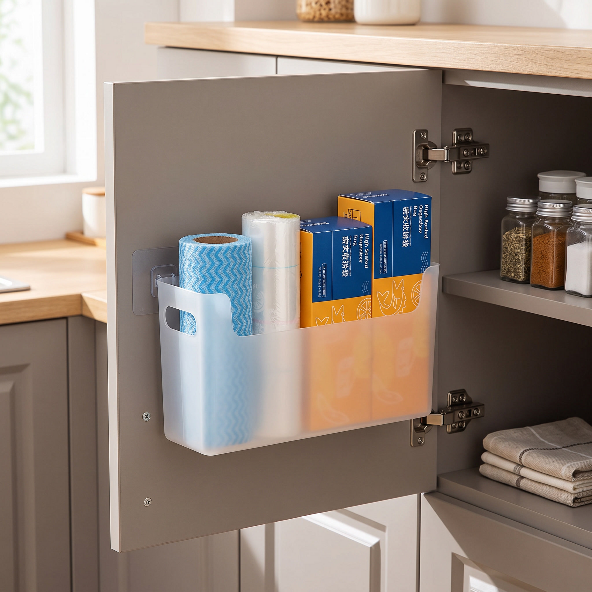 Transparent storage shelf mounted inside a cabinet door