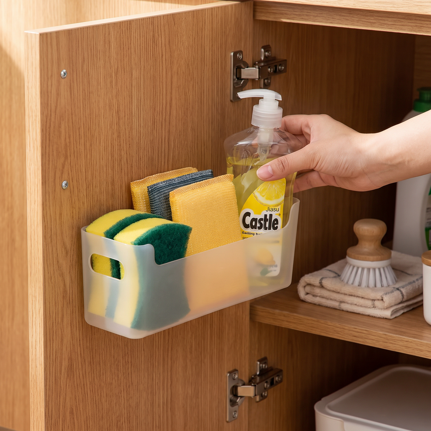 Transparent cabinet shelf holding a sponge and cleaning bottle near a sink