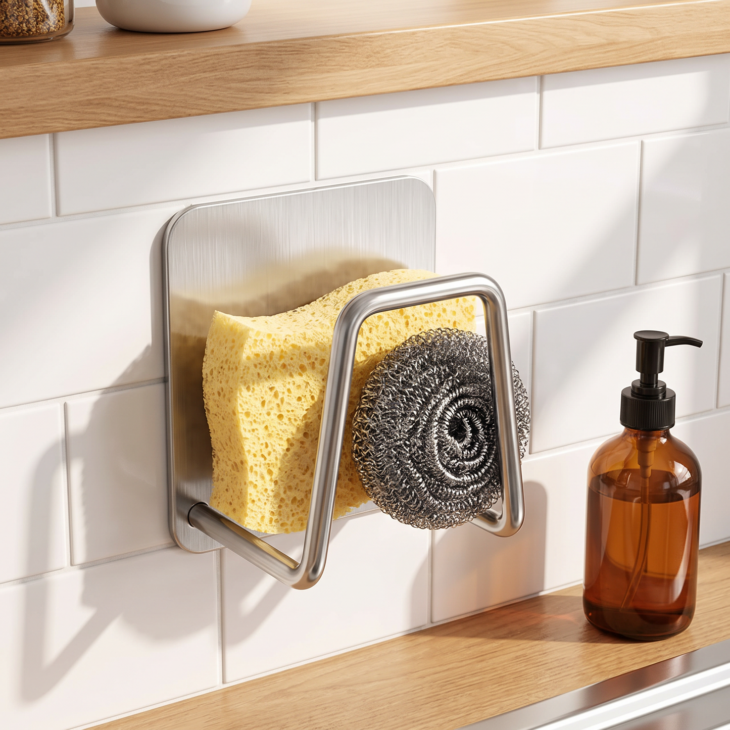 Large silver adhesive sponge holder with a sponge and scrubber beside a kitchen sink