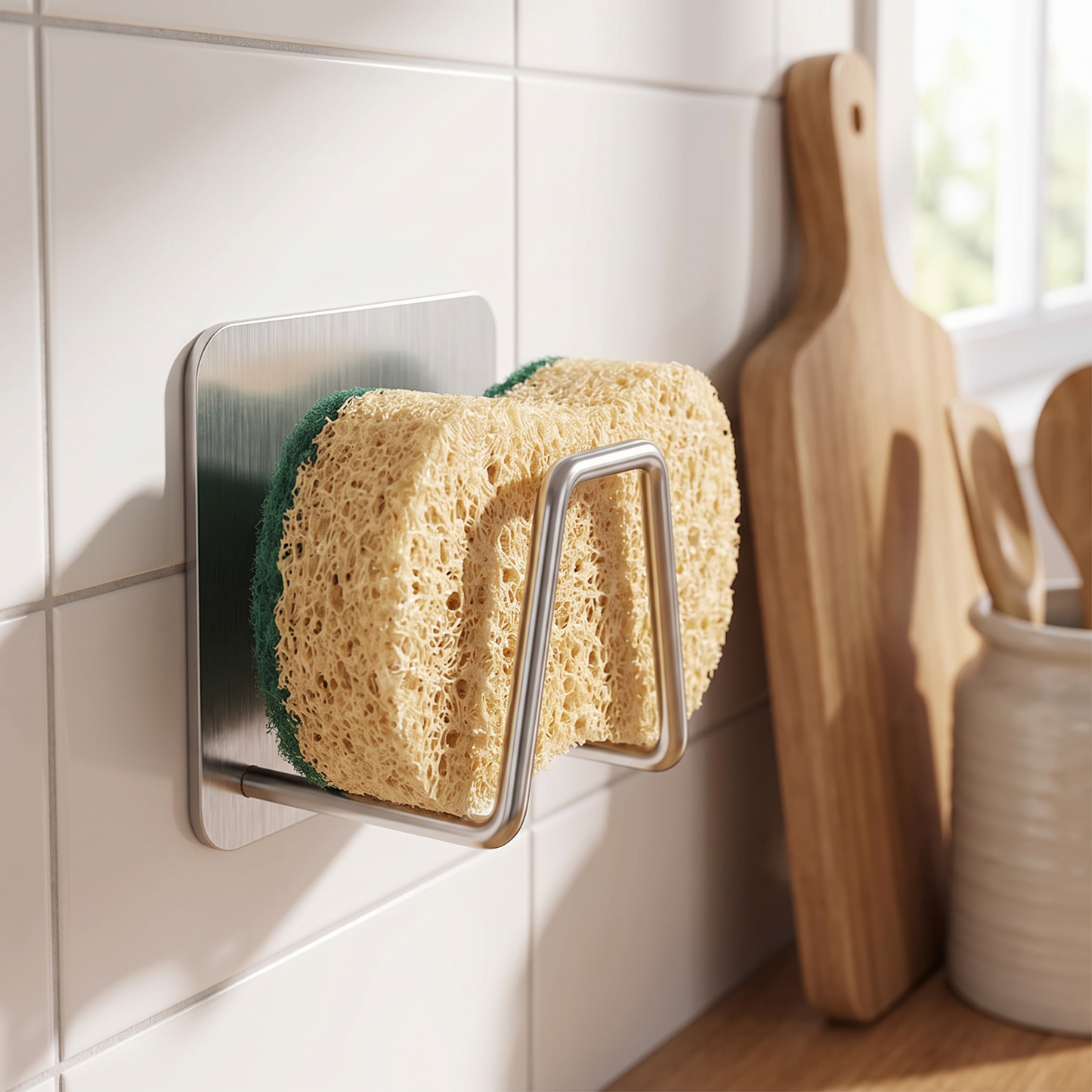 Silver adhesive holders used for sponges, cloths, and utensils