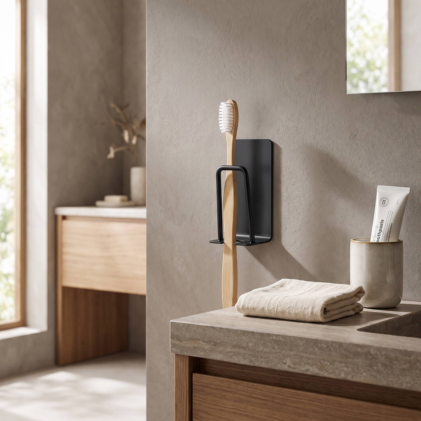 Black adhesive wall-mounted toothbrush holder