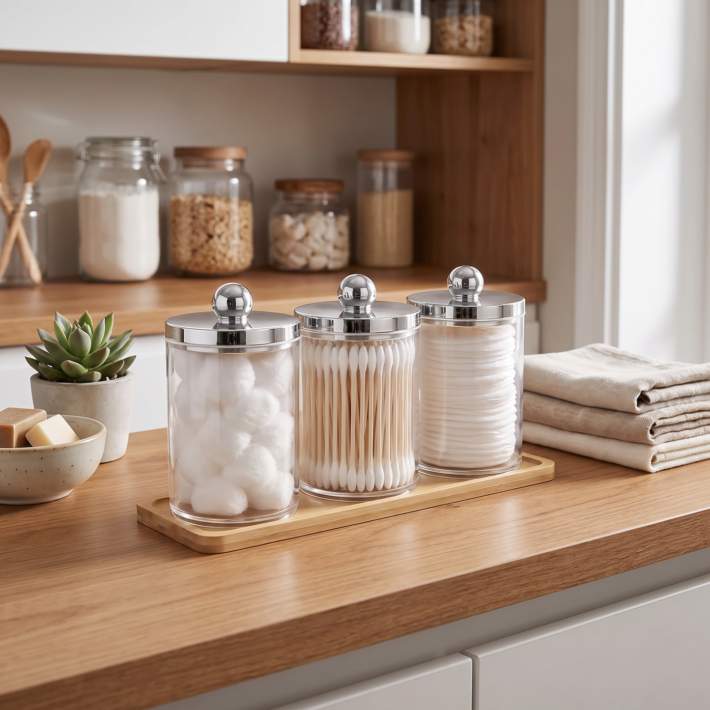 Three-piece bathroom organizer set with silver lids and a wood-look tray
