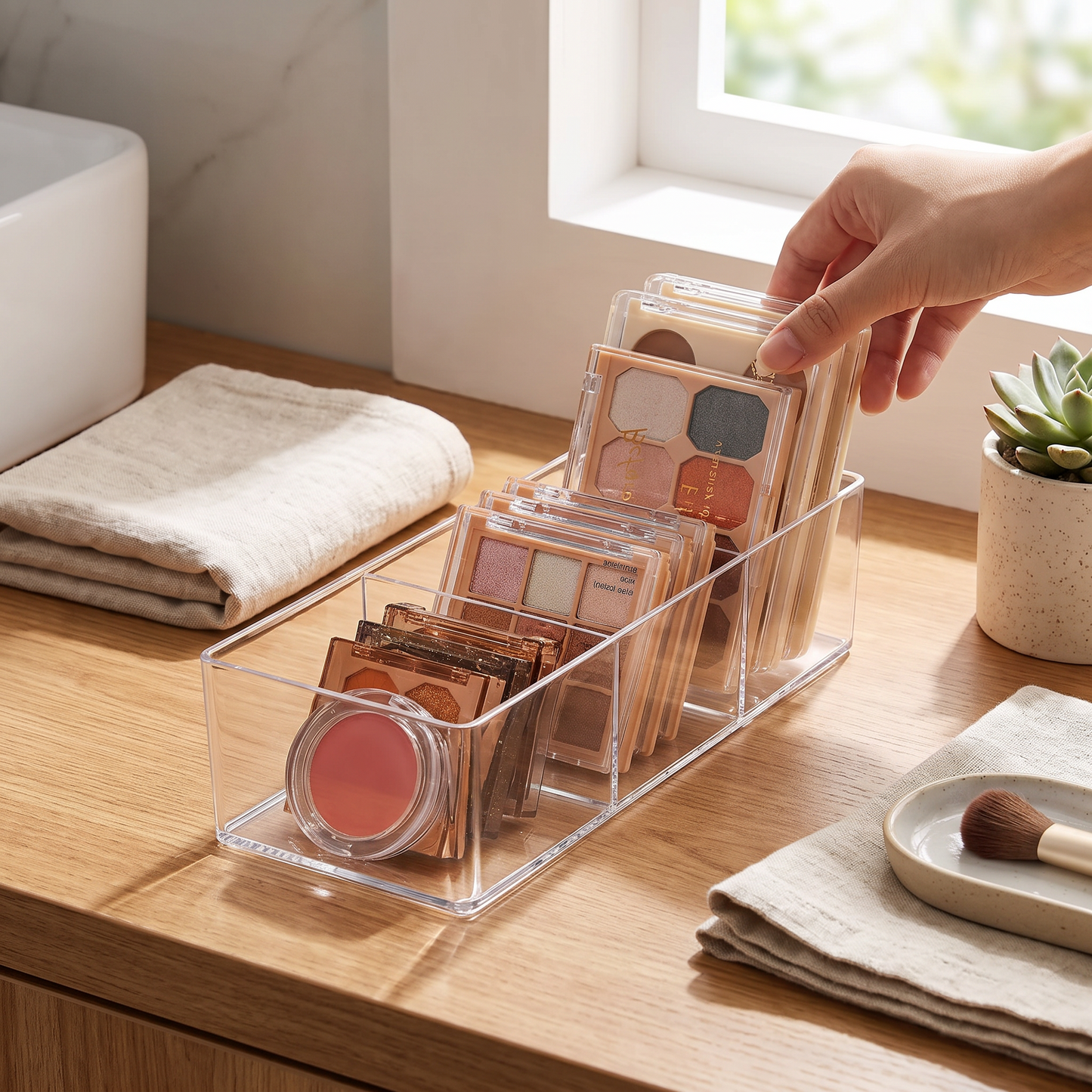 Clear three-compartment organizer holding makeup palettes