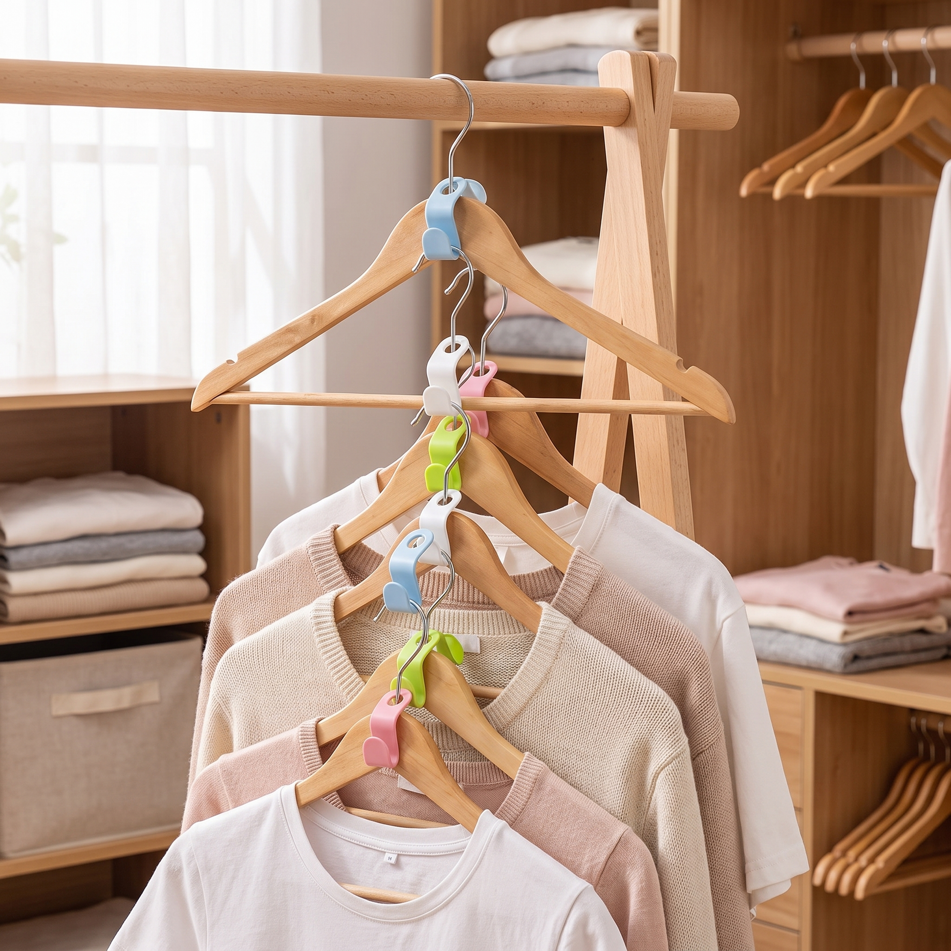 Mixed-color 50-piece hanger connector set with cascading shirts