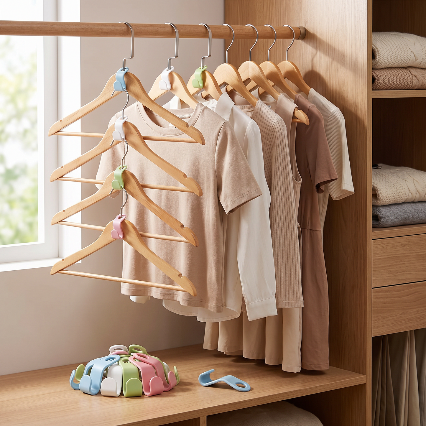 Mixed-color cascading hanger connectors organizing shirts in a closet
