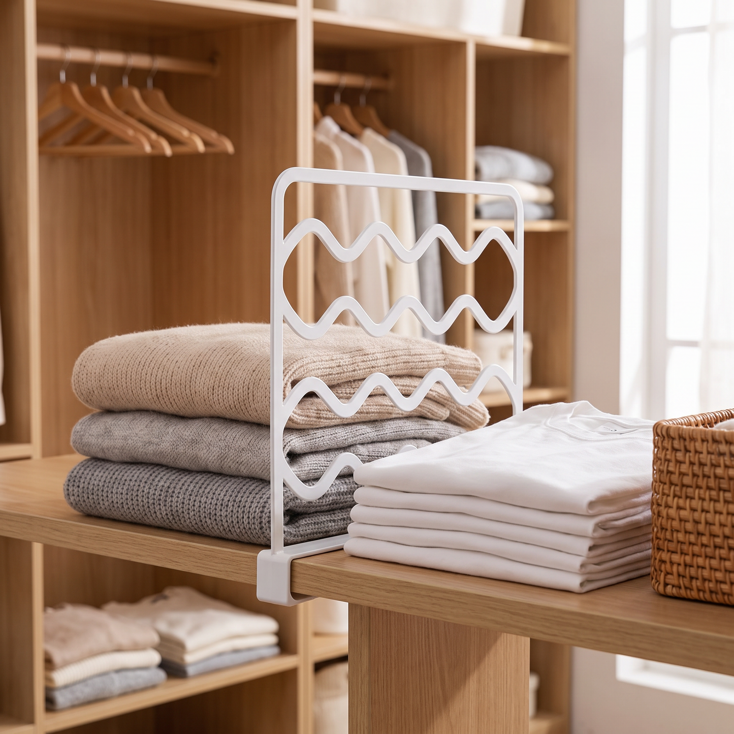White no-drill shelf divider separating folded clothes
