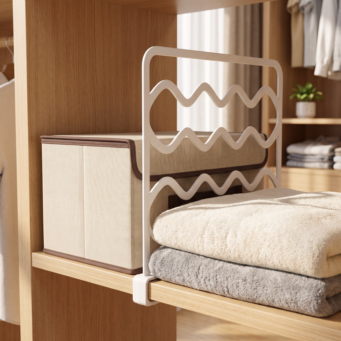White shelf divider beside a storage bin and folded towels