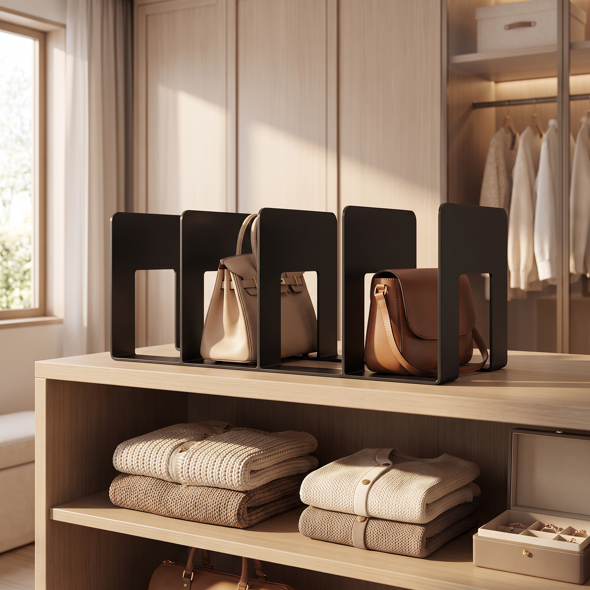 Black four-section shelf organizer for handbags