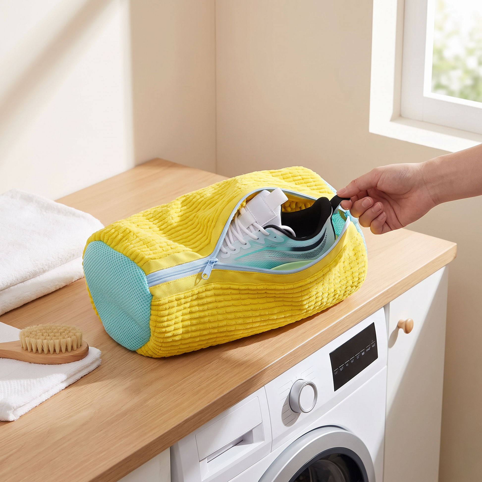 Yellow sneaker wash bag holding a pair of shoes beside a washing machine