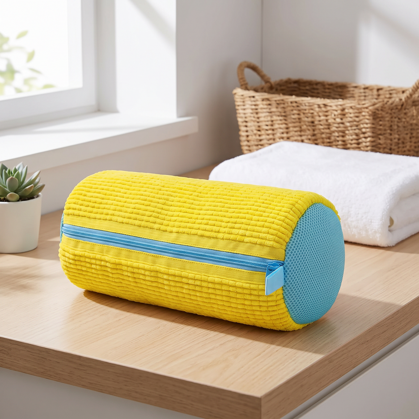 Yellow zippered sneaker wash bag with a blue mesh end panel
