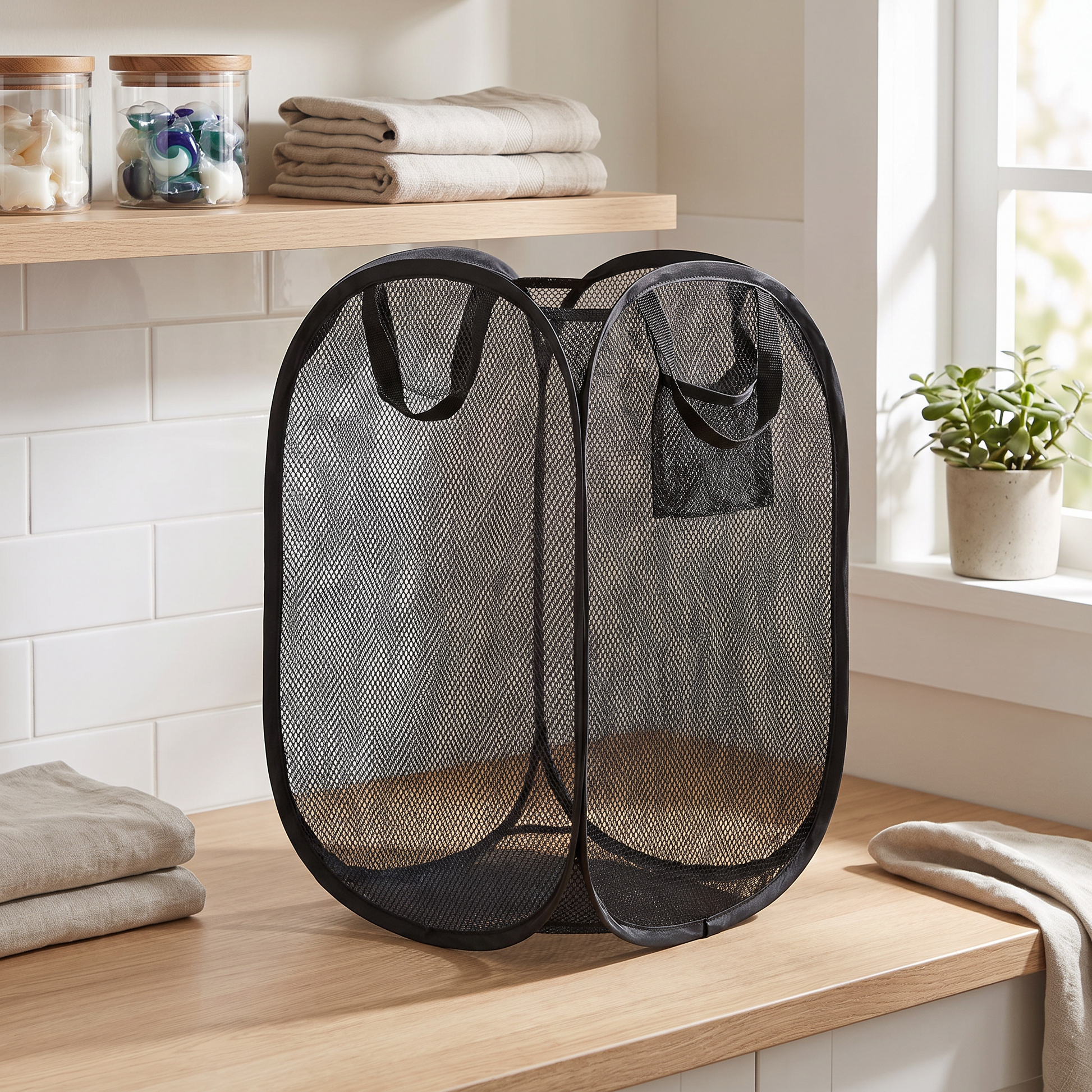 Black foldable mesh laundry basket