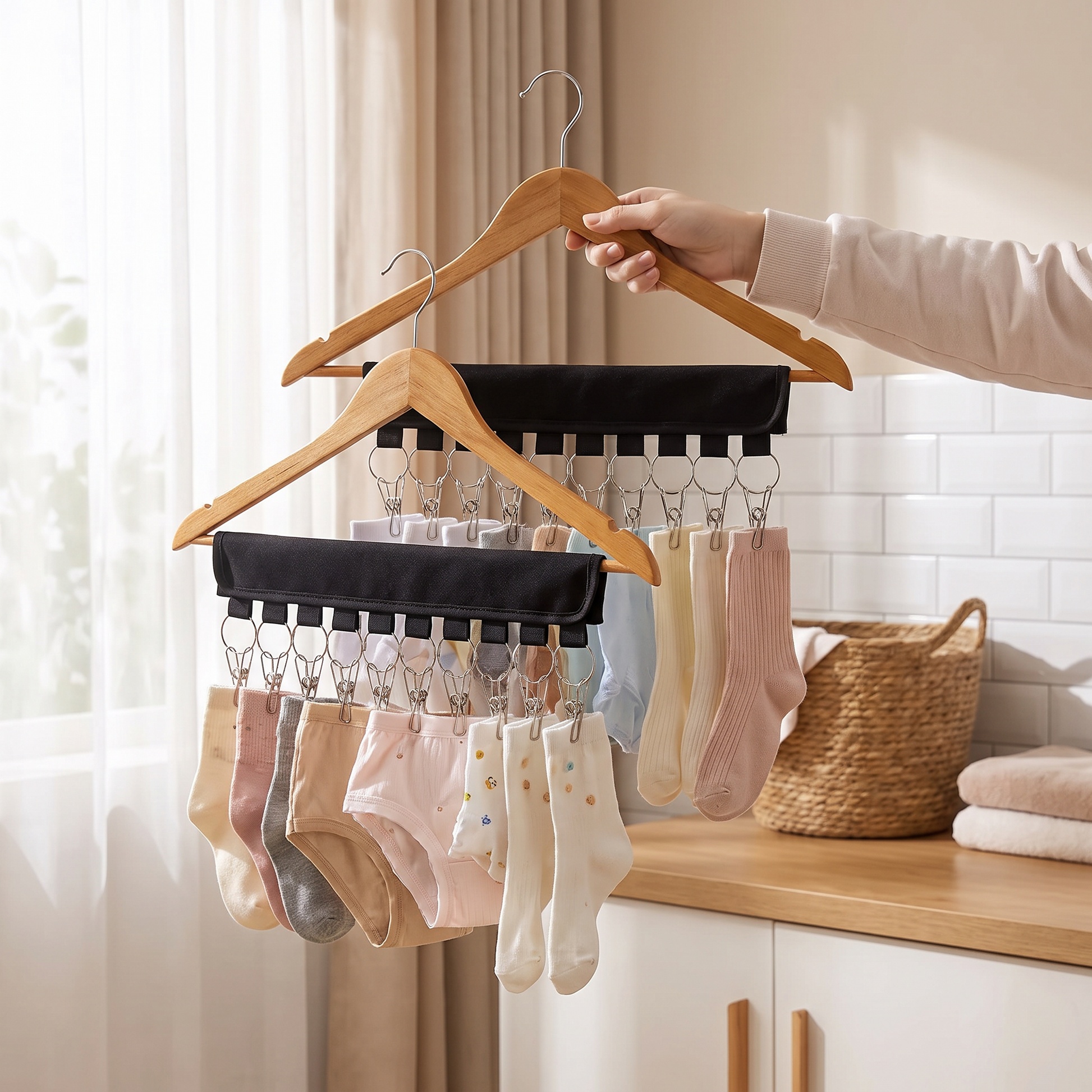 Black multi-clip drying rack hanging from a clothes hanger