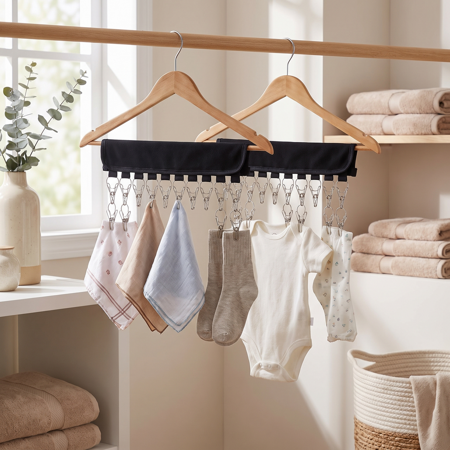 Compact multi-clip drying rack packed in a suitcase