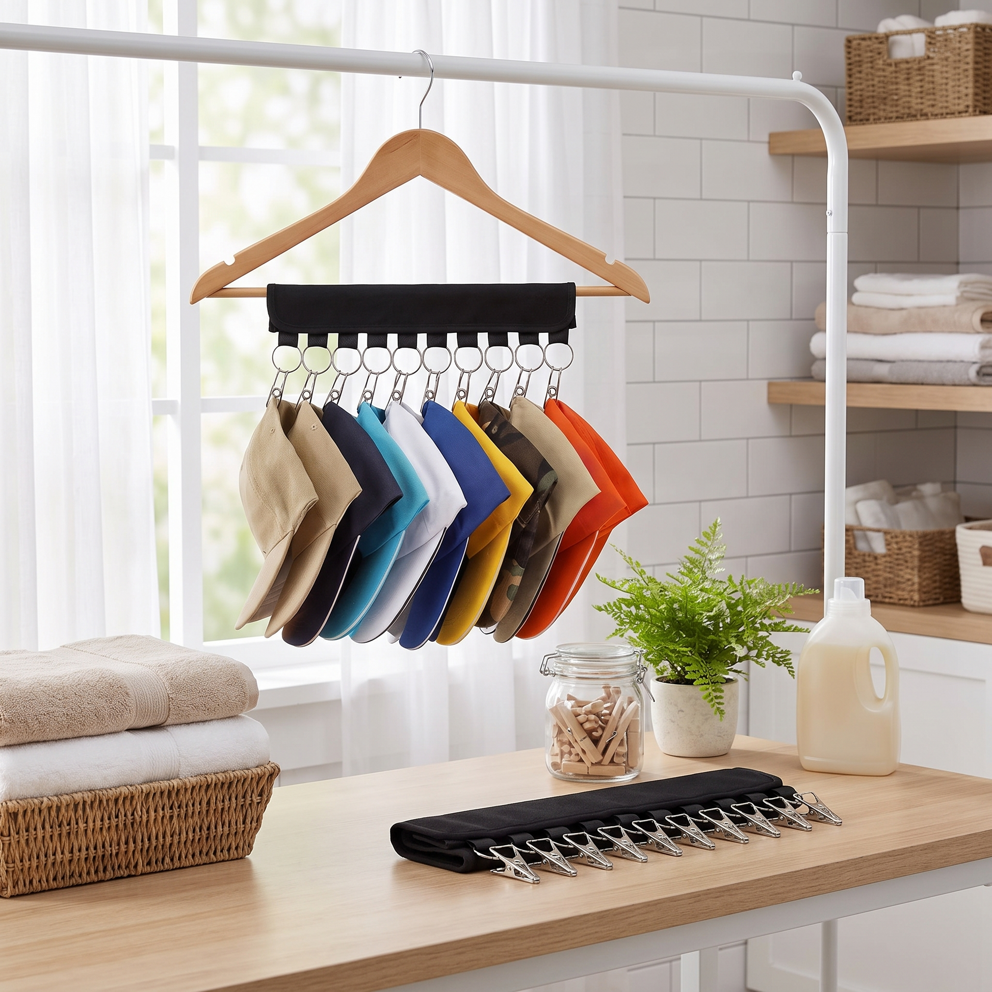 Black multi-clip drying rack hanging caps above a laundry counter