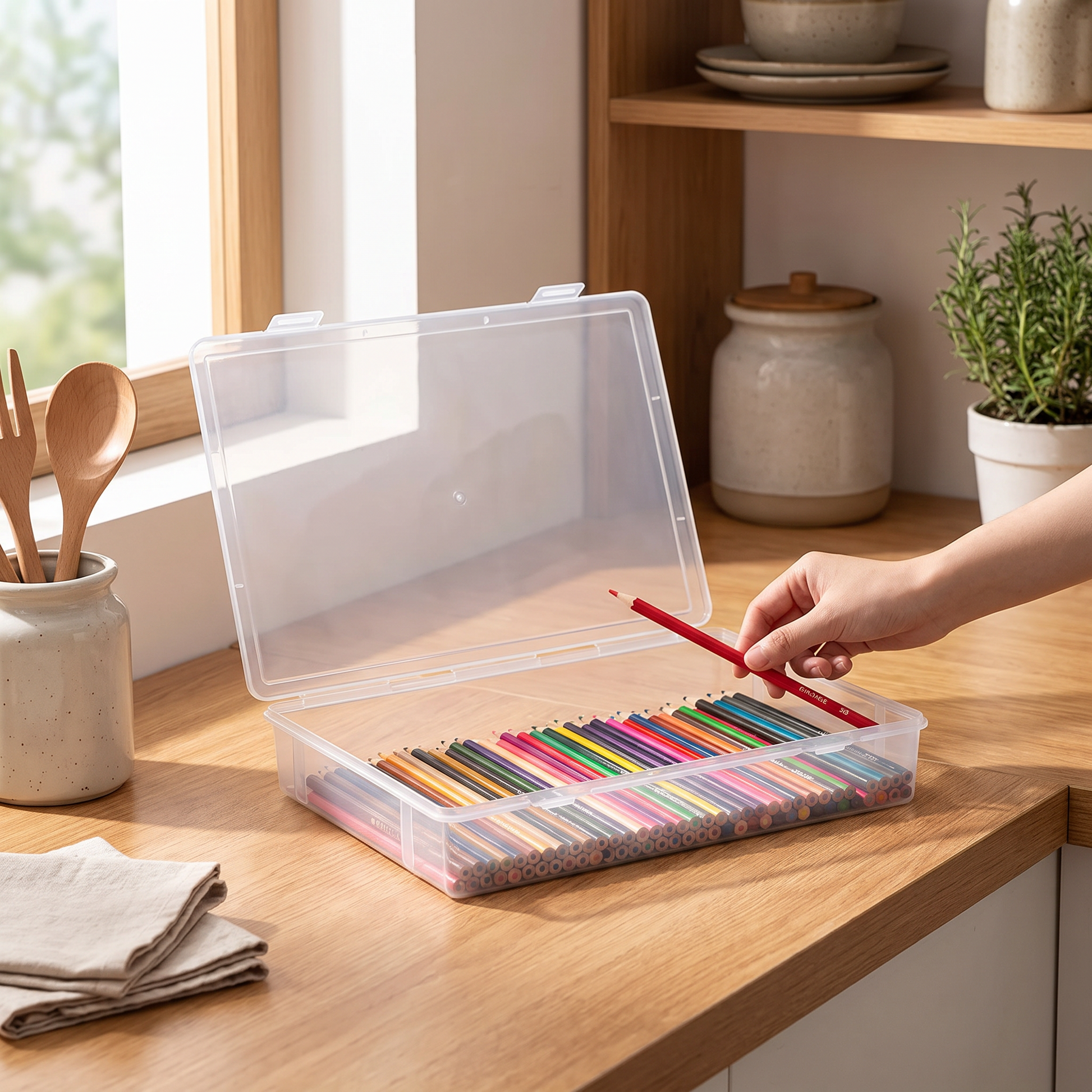 Open clear desktop organizer holding colored pencils