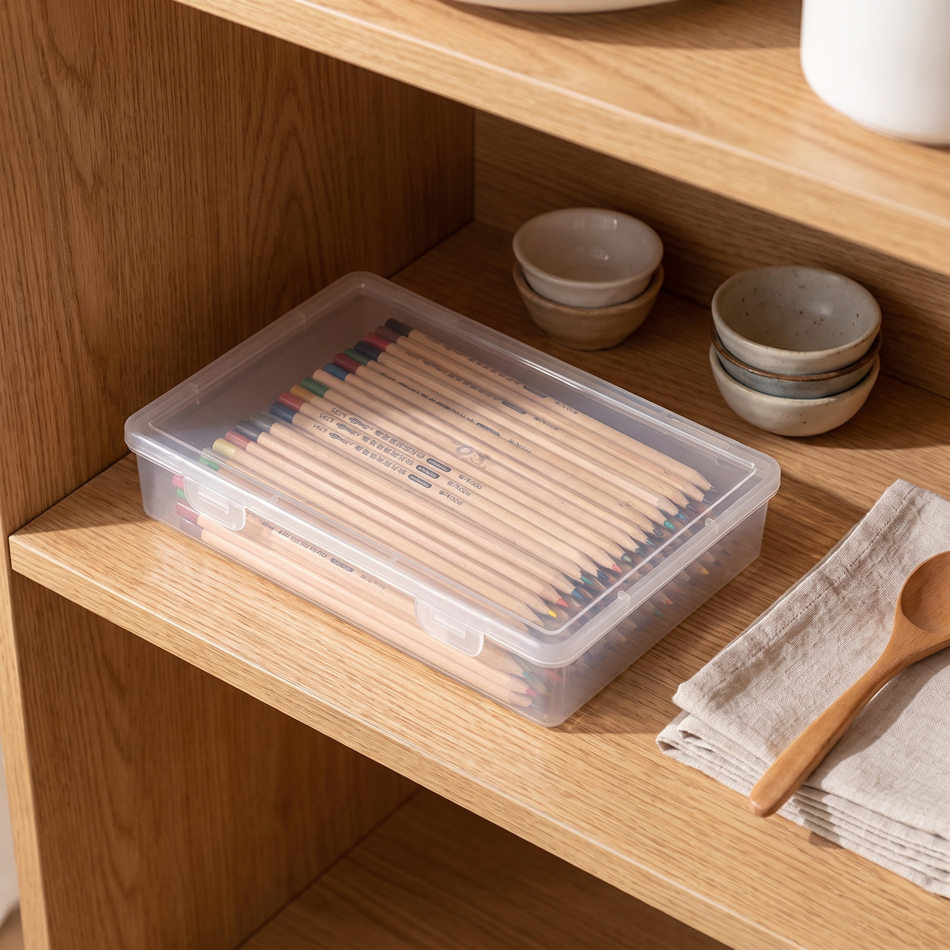 Top view of a clear desktop organizer filled with pencils