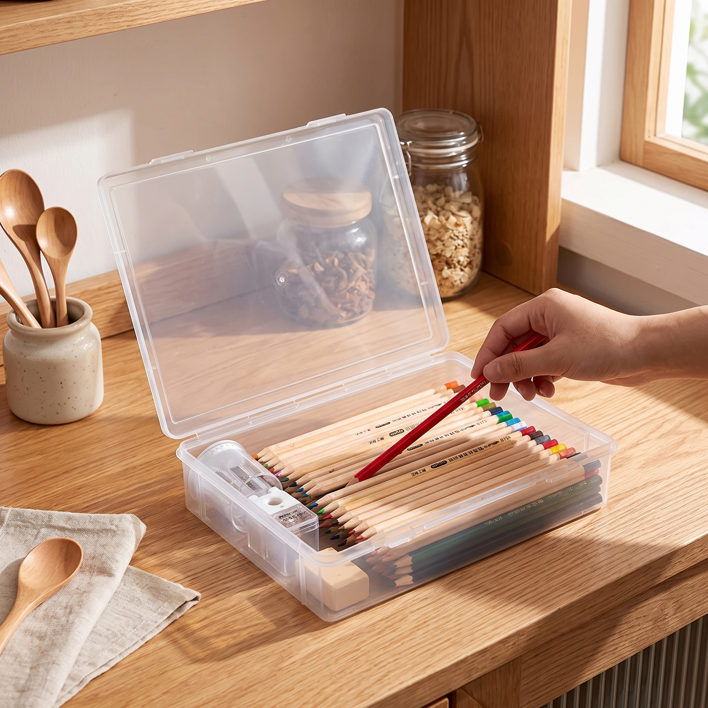 Open clear organizer holding pencils and a small eraser