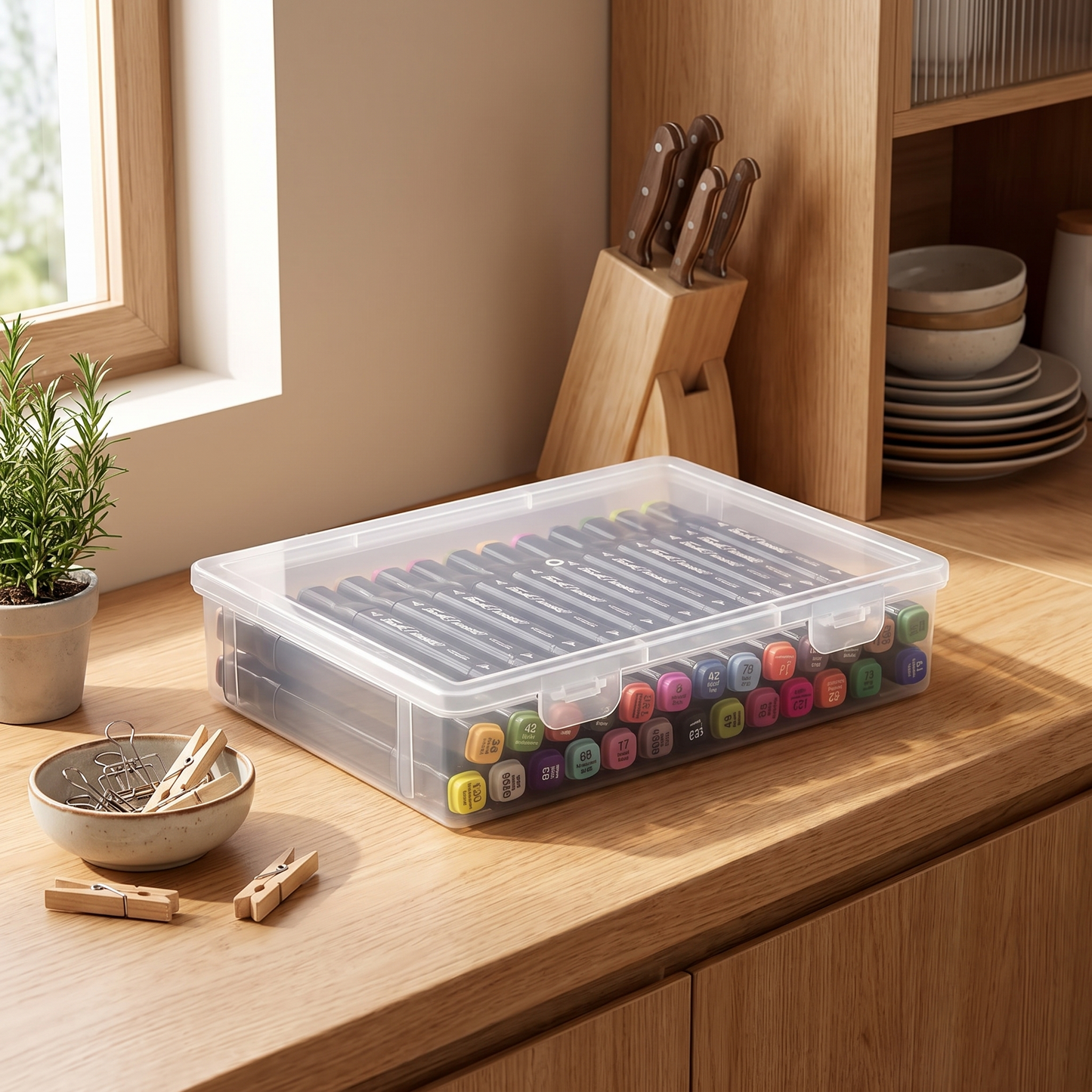 Clear desktop pen and marker organizer with lid