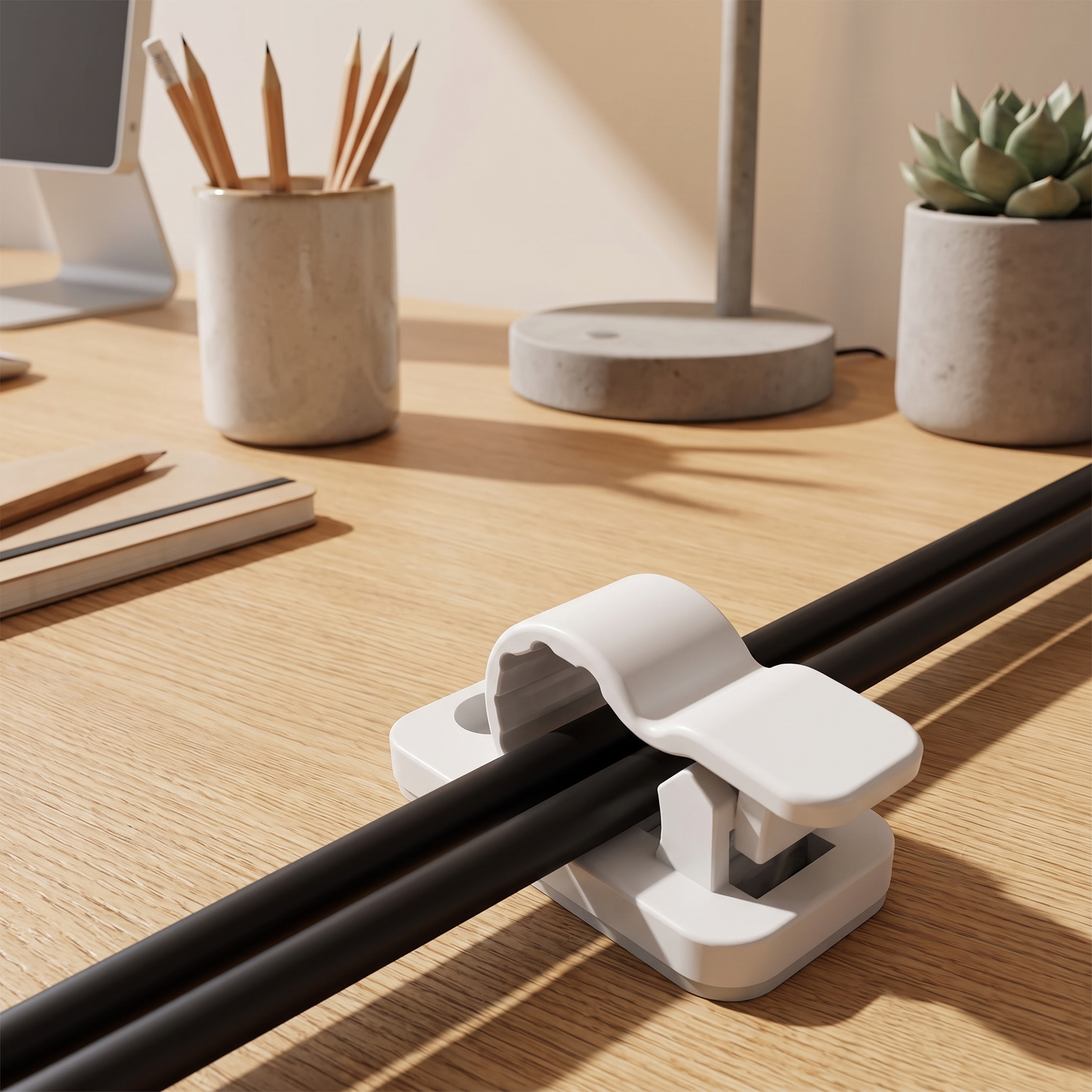 White self-adhesive cable clip securing two black cords