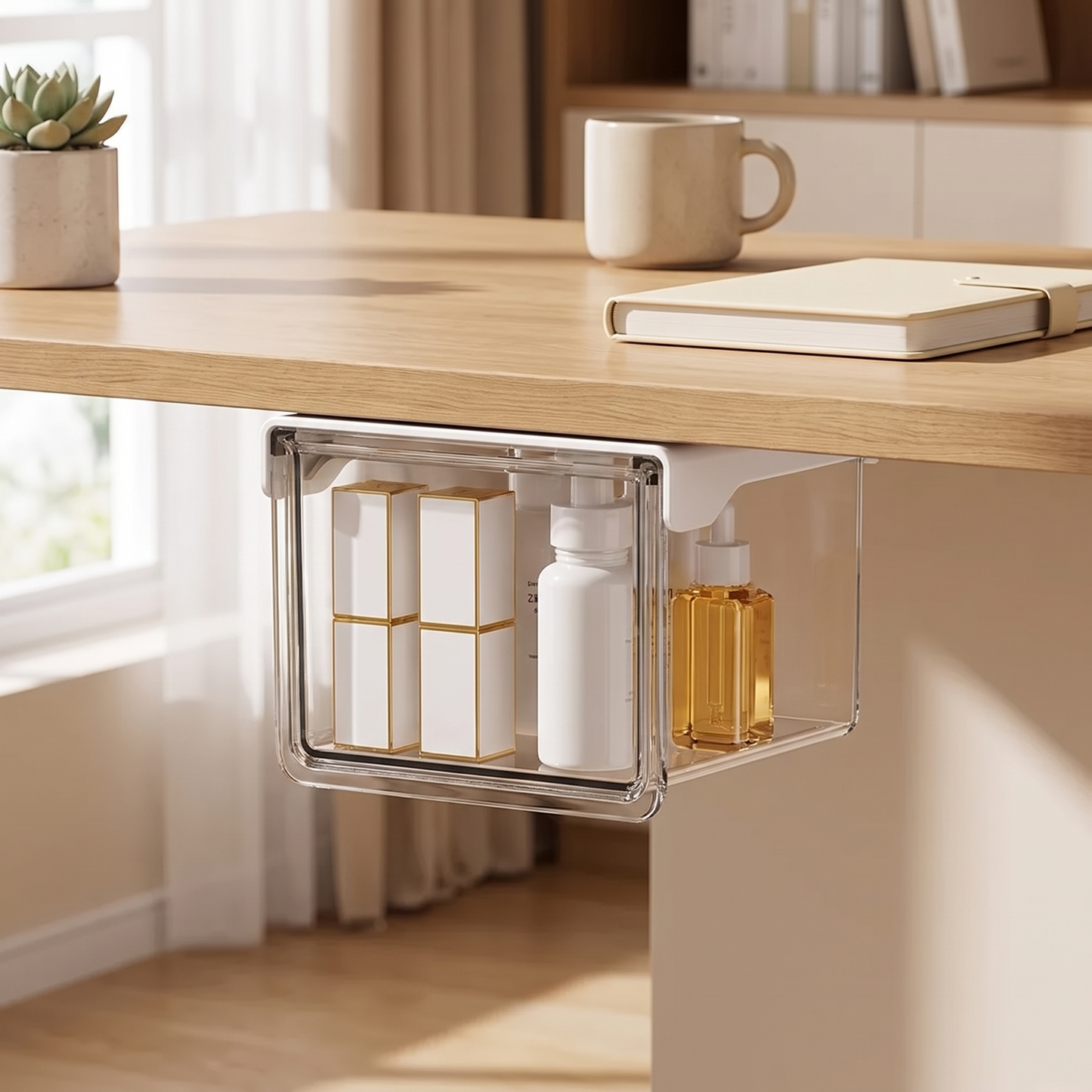 Small transparent pull-out drawer mounted beneath a shelf