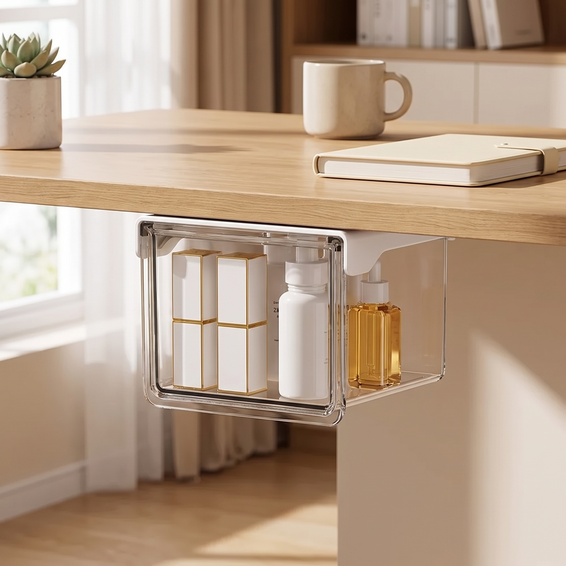 Small transparent pull-out drawer mounted beneath a shelf