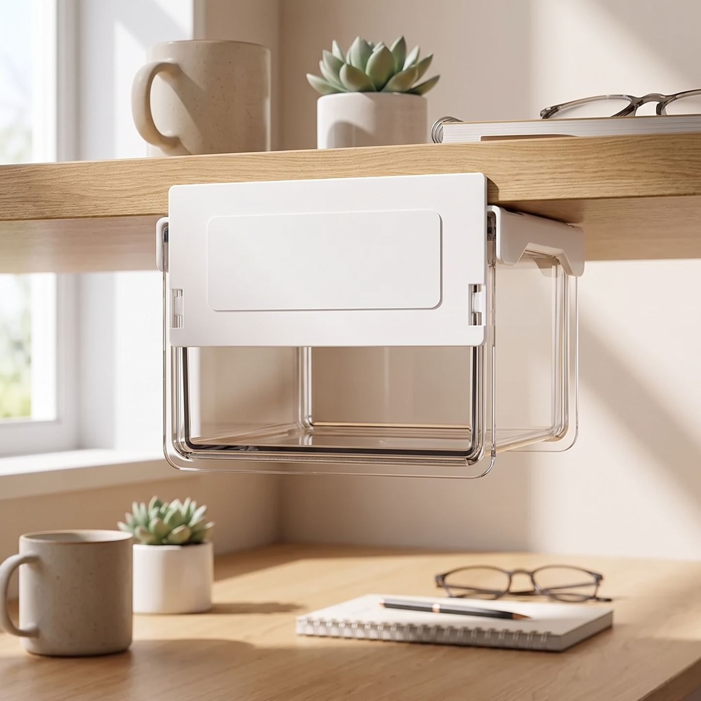 Small transparent self-adhesive drawer viewed from the front