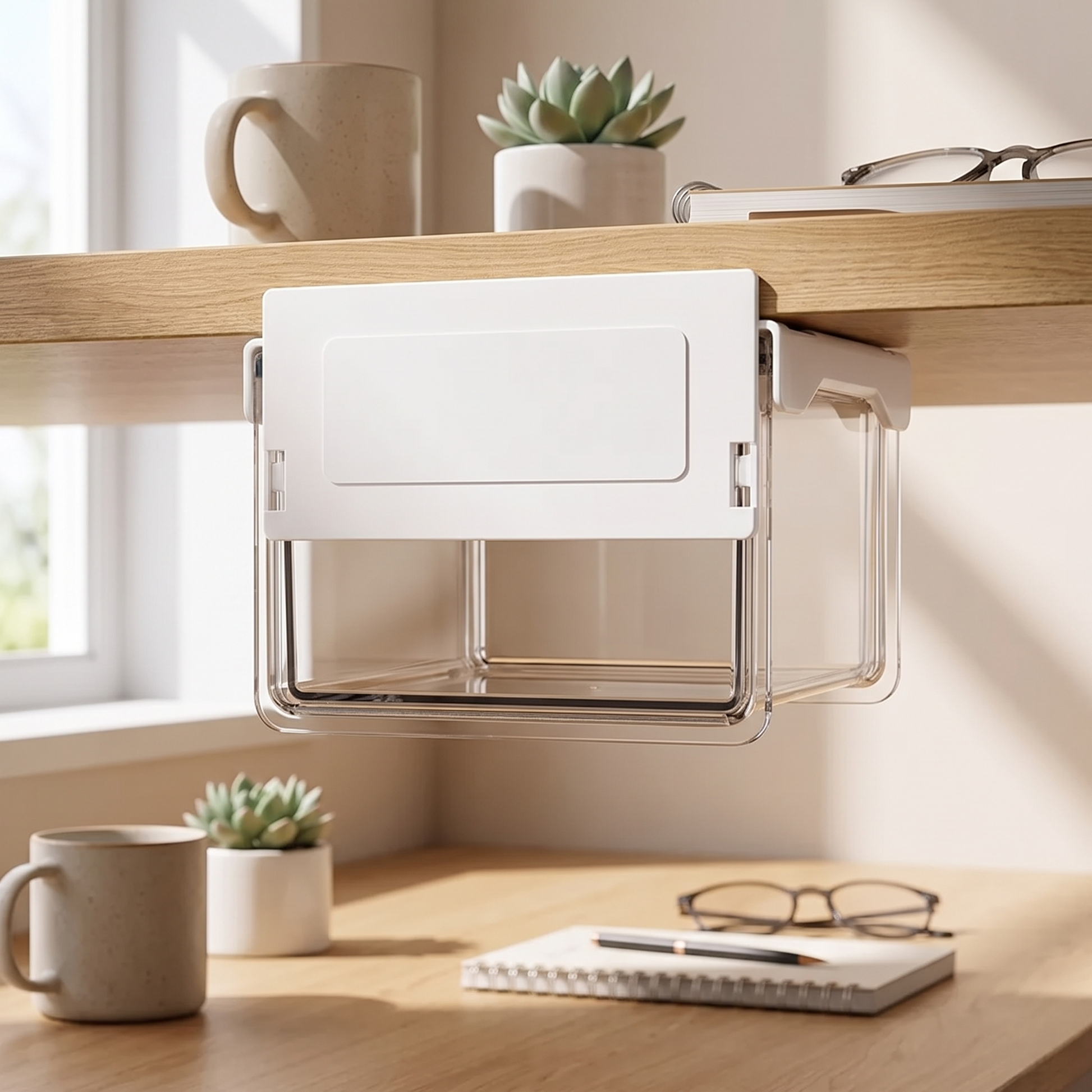Small transparent self-adhesive drawer viewed from the front