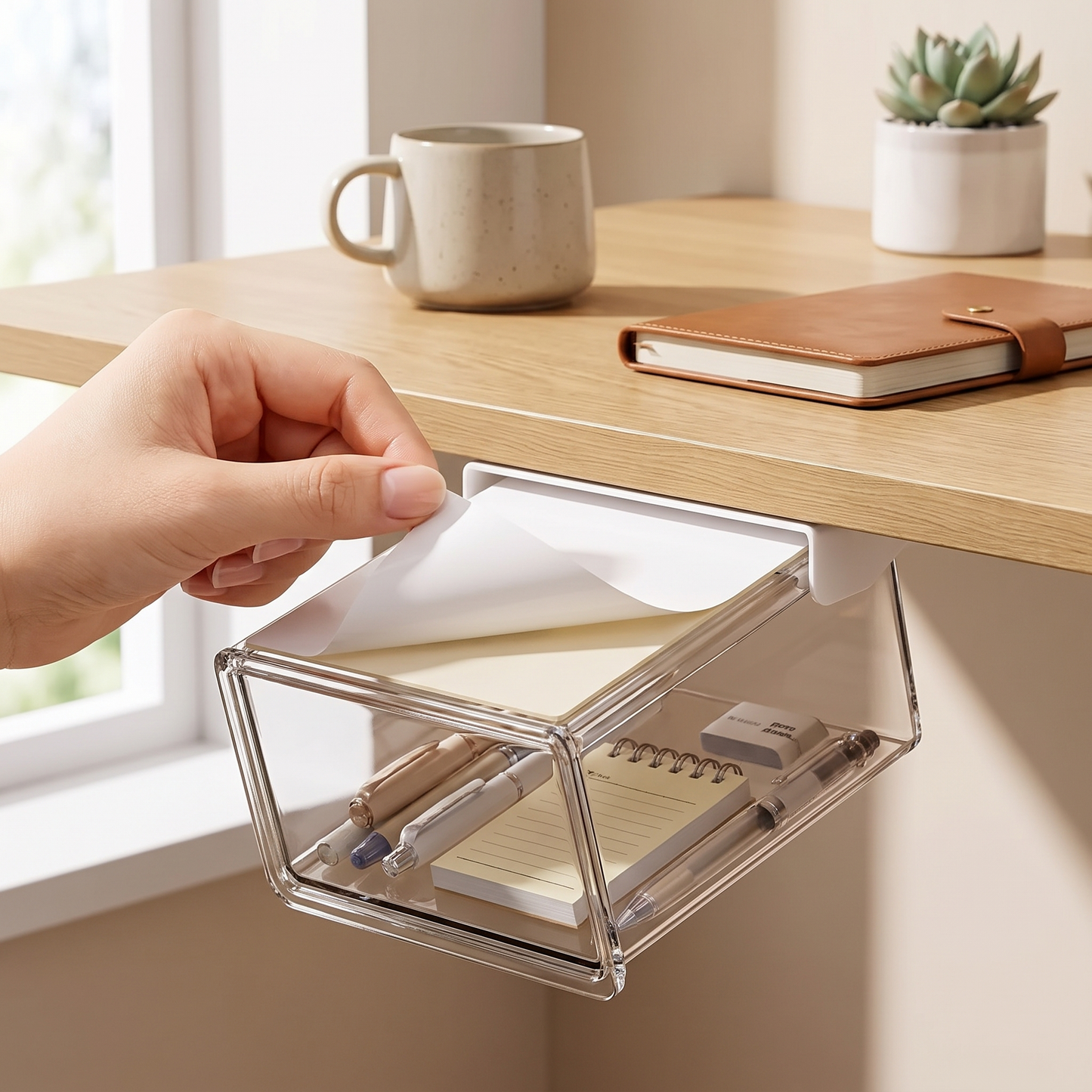 Adhesive backing being peeled before mounting the small drawer