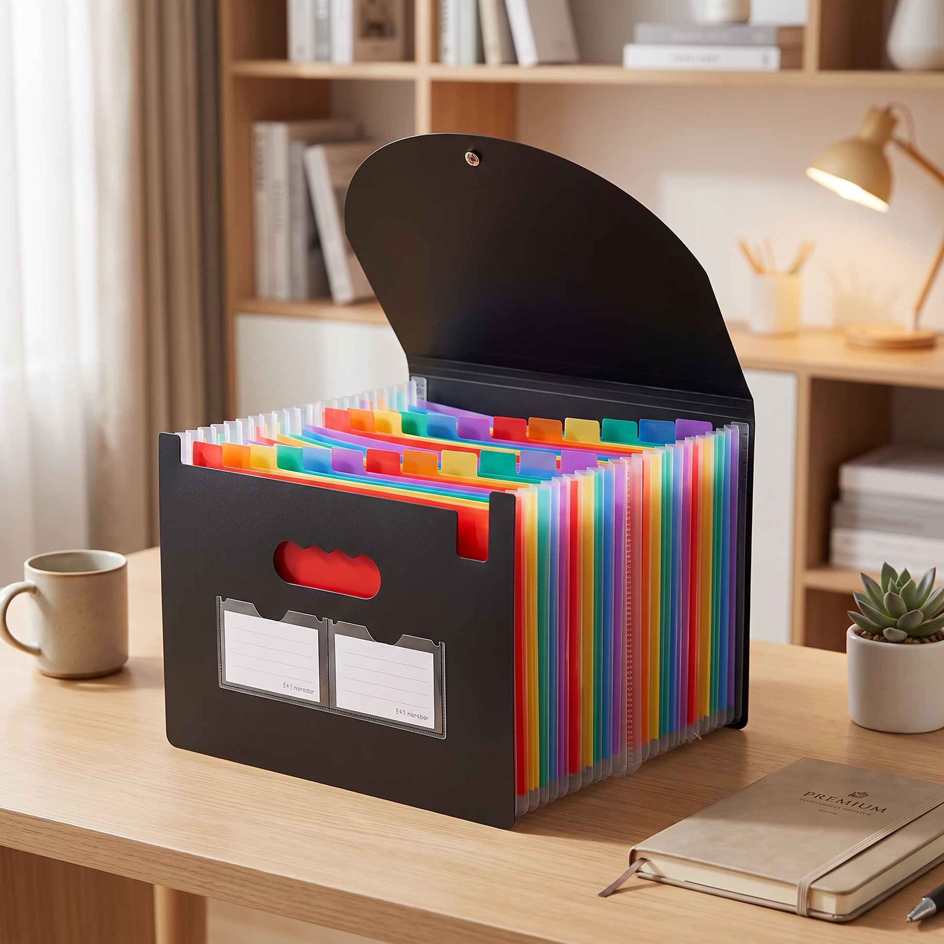Covered 13-pocket accordion file organizer standing open