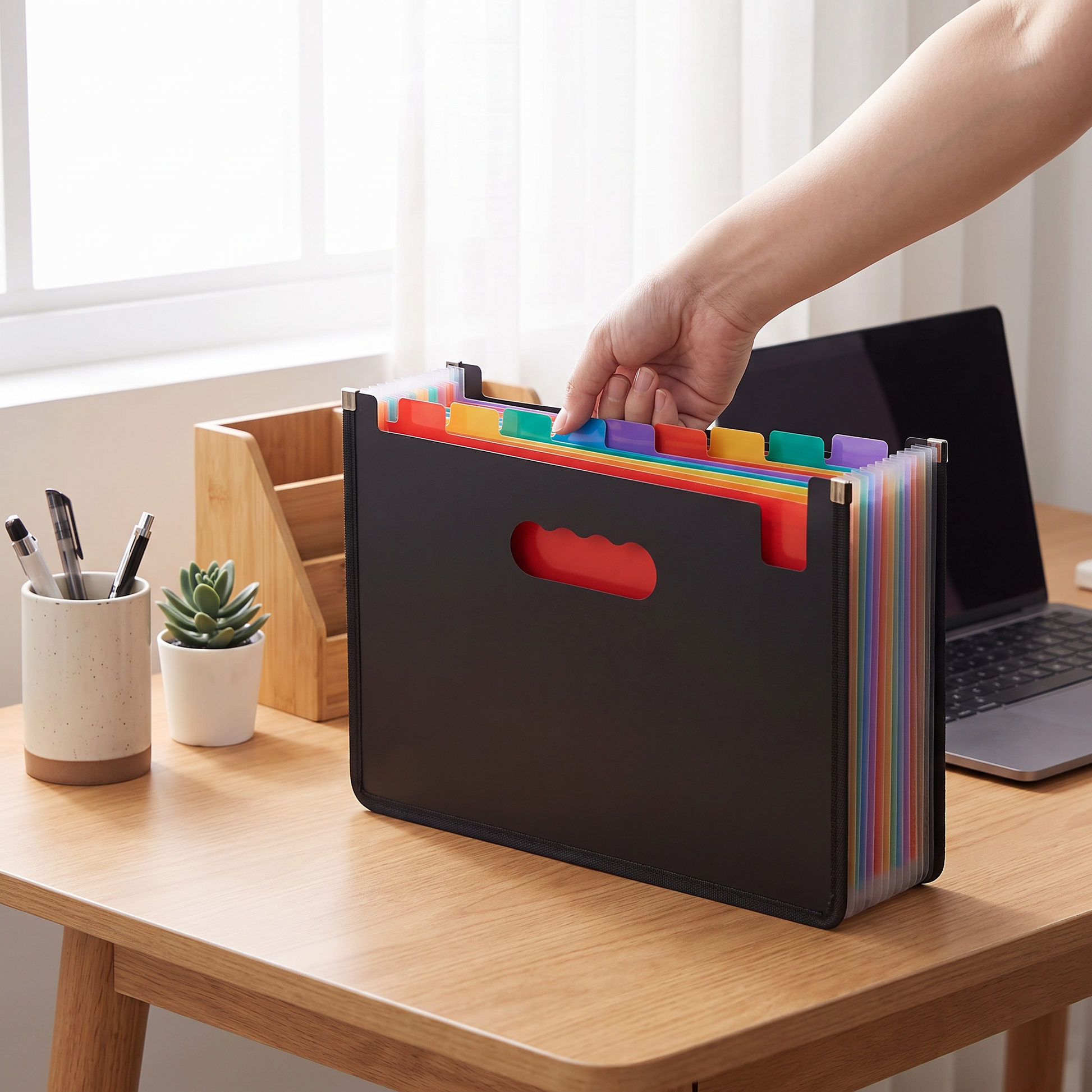 Person carrying the covered accordion file organizer