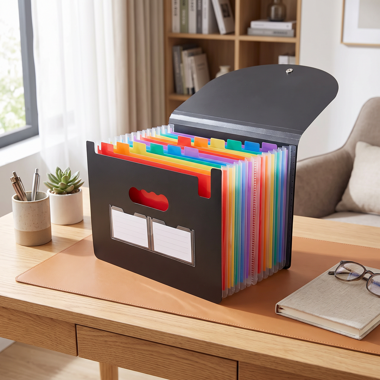 Accordion file organizer expanded to show its colored pockets