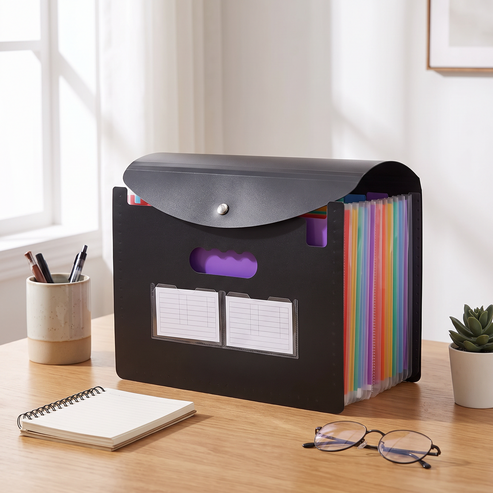 Covered 13-pocket accordion file organizer holding color-tabbed folders on a desk