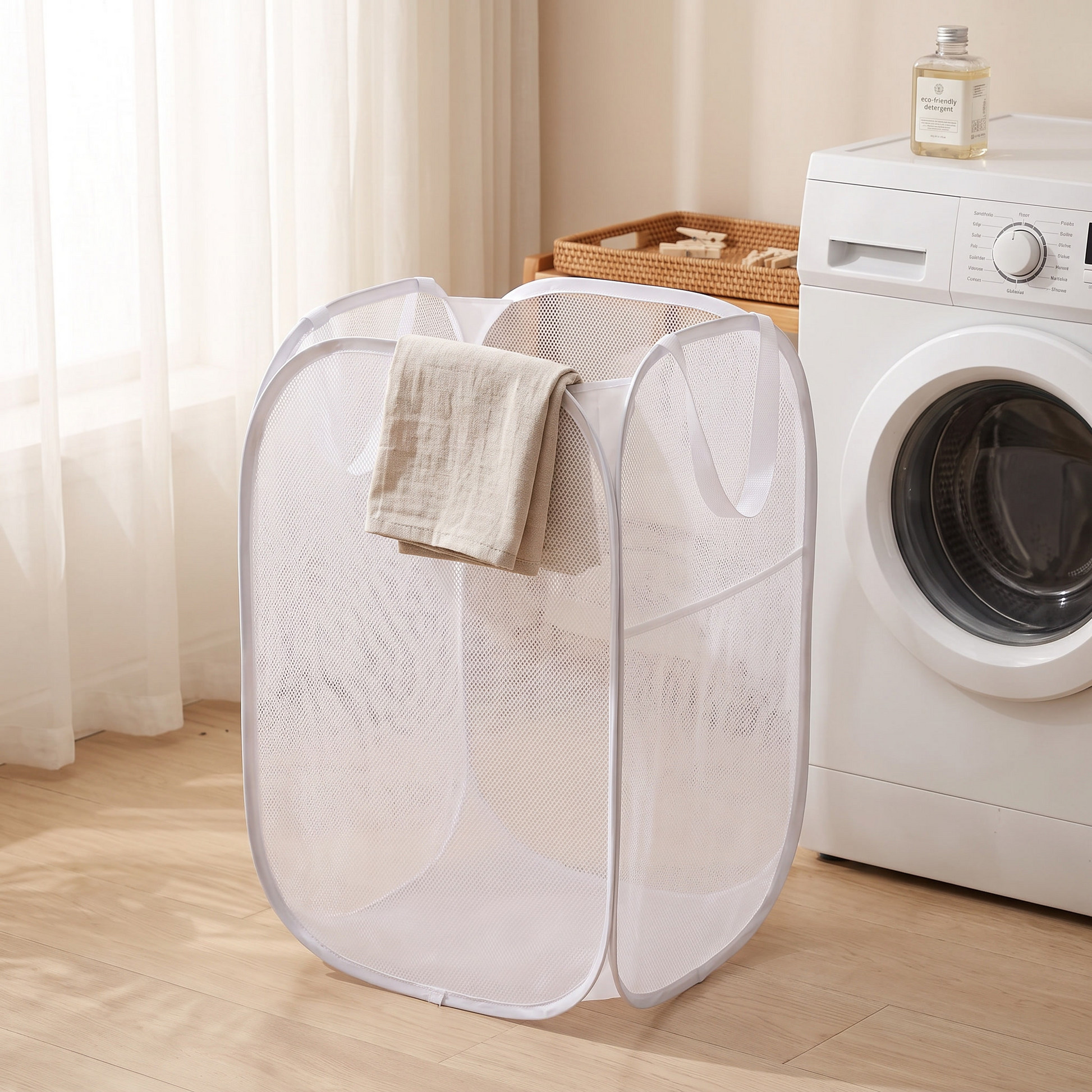 White one-piece foldable storage basket beside a washing machine