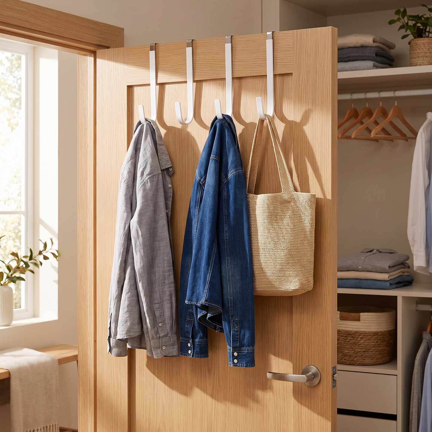 Four white over-door storage hooks