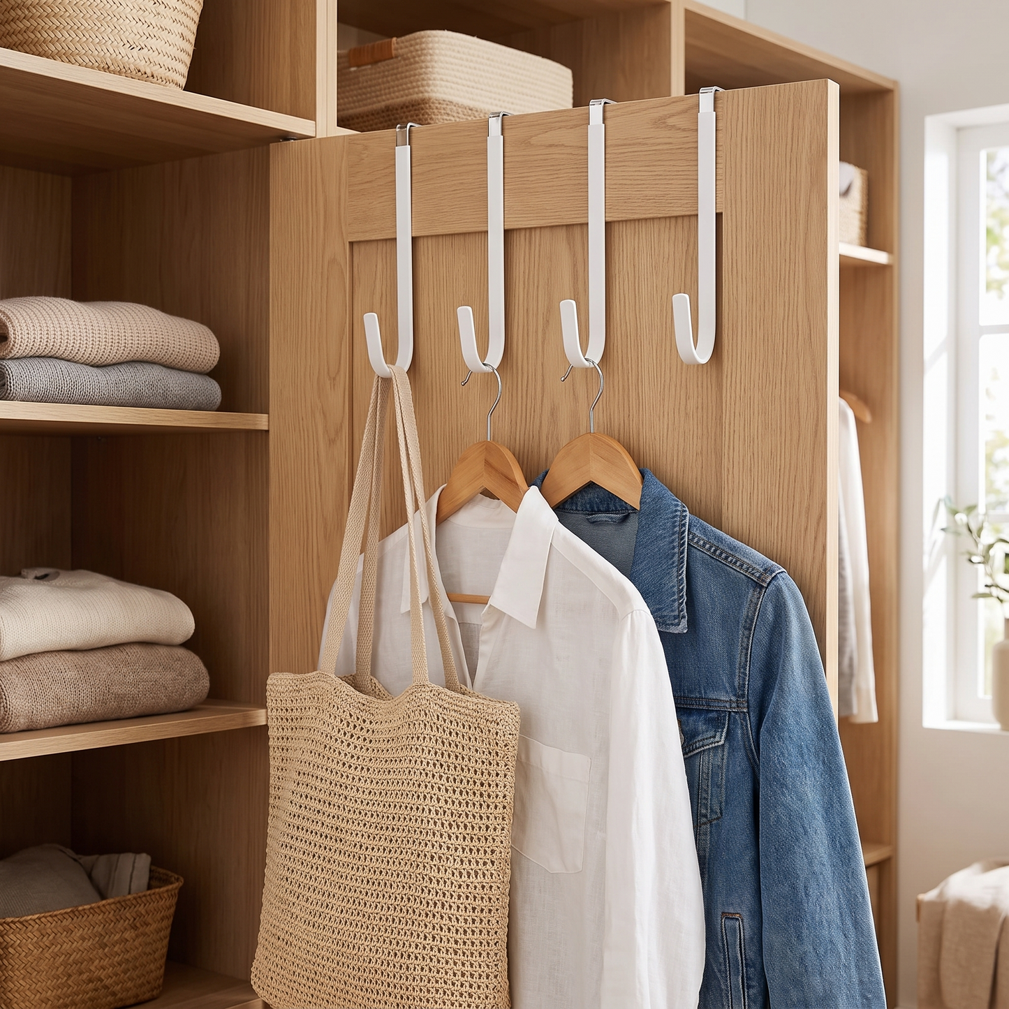 Four white over-the-door hooks holding a bag and clothing on a closet door