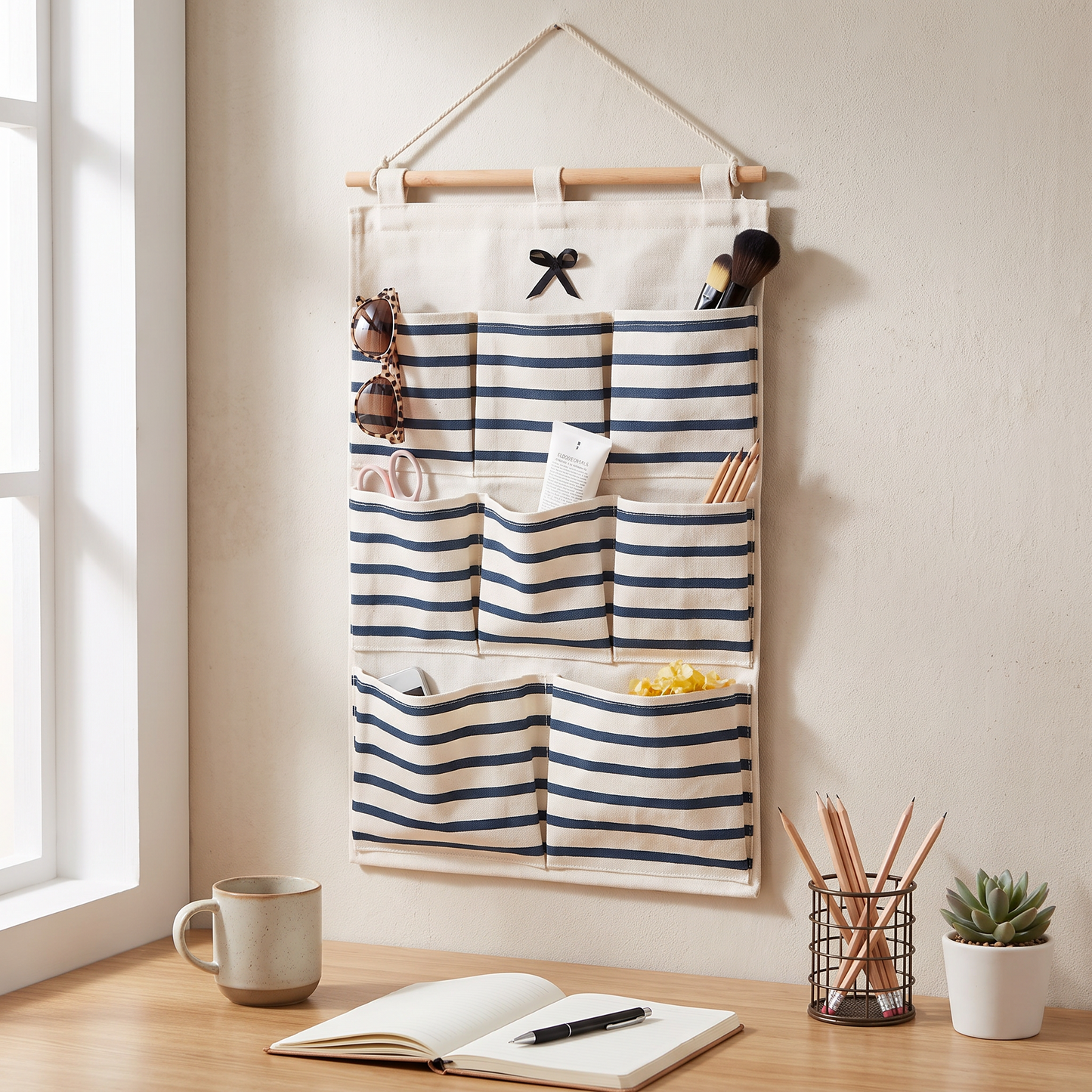 Blue striped eight-pocket hanging wall organizer