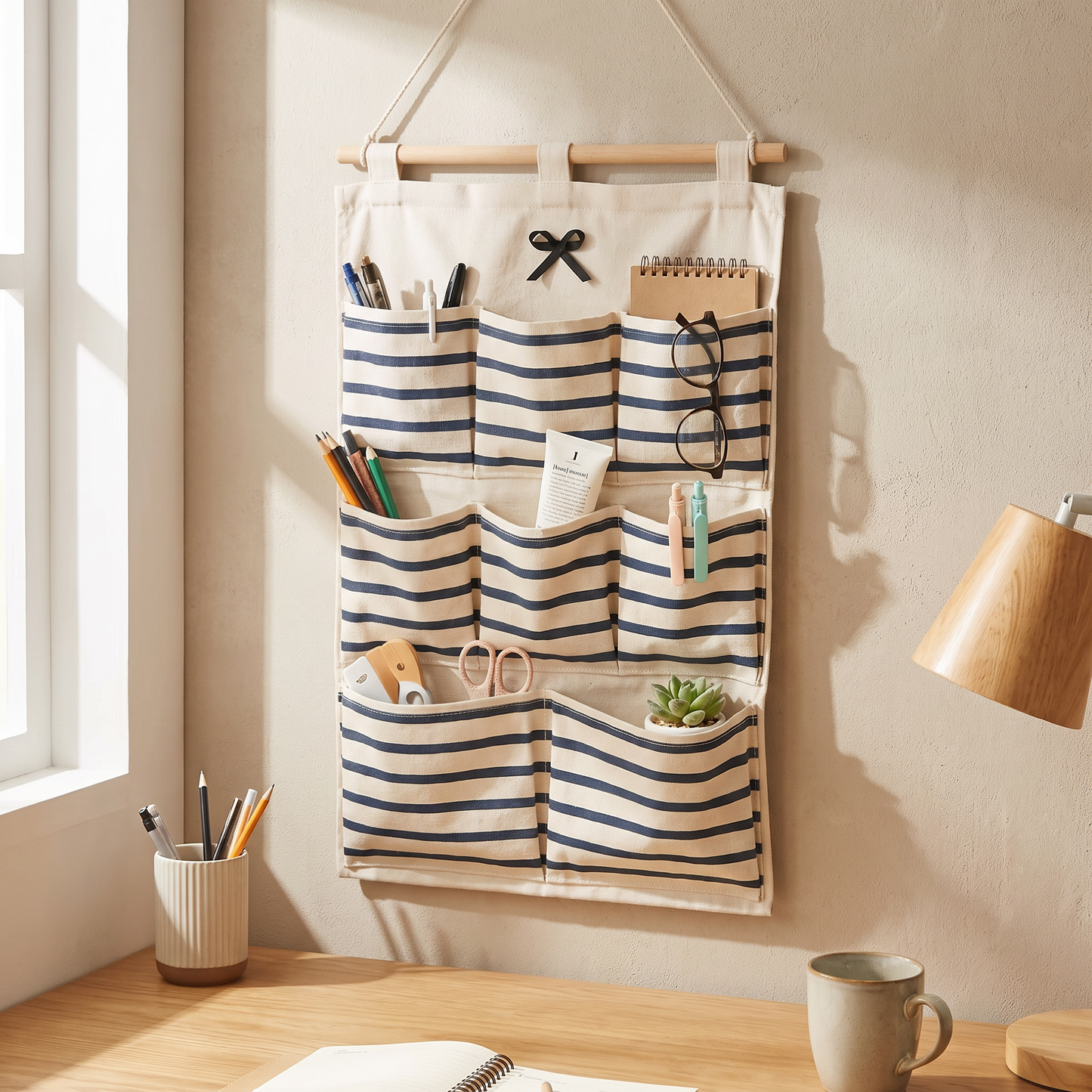 Blue striped pocket organizer hanging above a desk