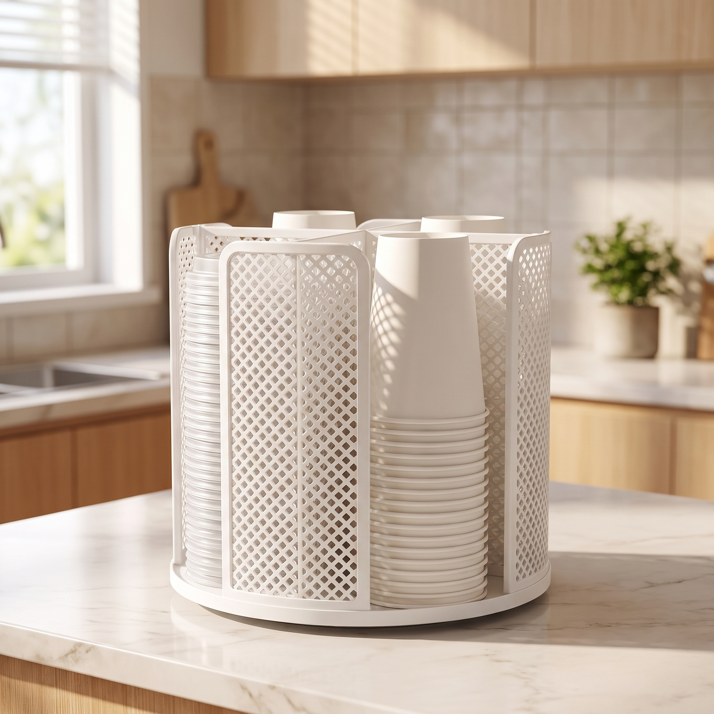 White cup and lid organizer on a kitchen counter