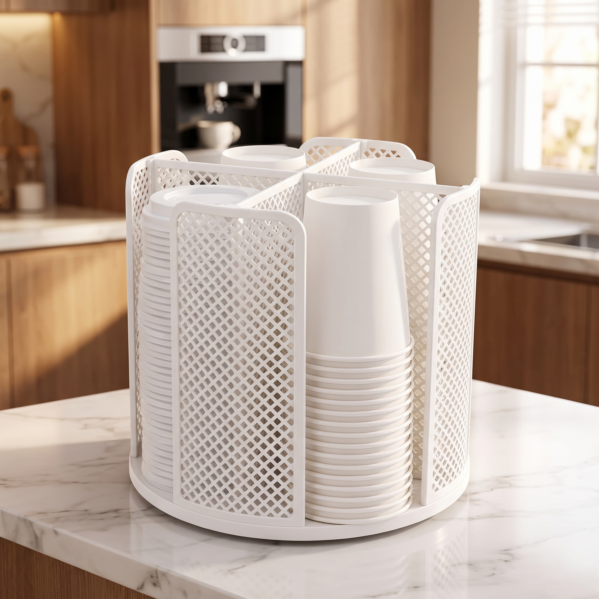 Hand placing a paper cup in the white rotating organizer
